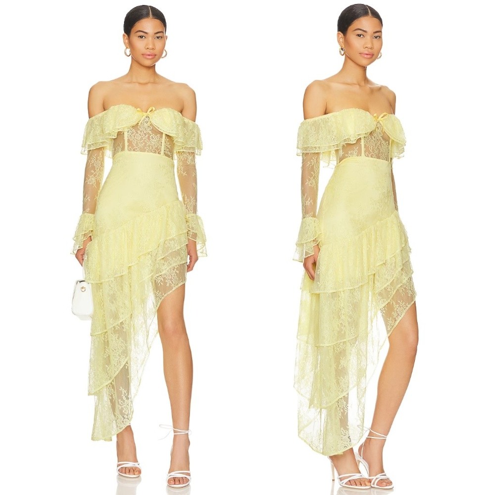 Majorelle | Maddalena Butter Yellow Lace Bustier Gown Asymmetrical Hem Revolve S